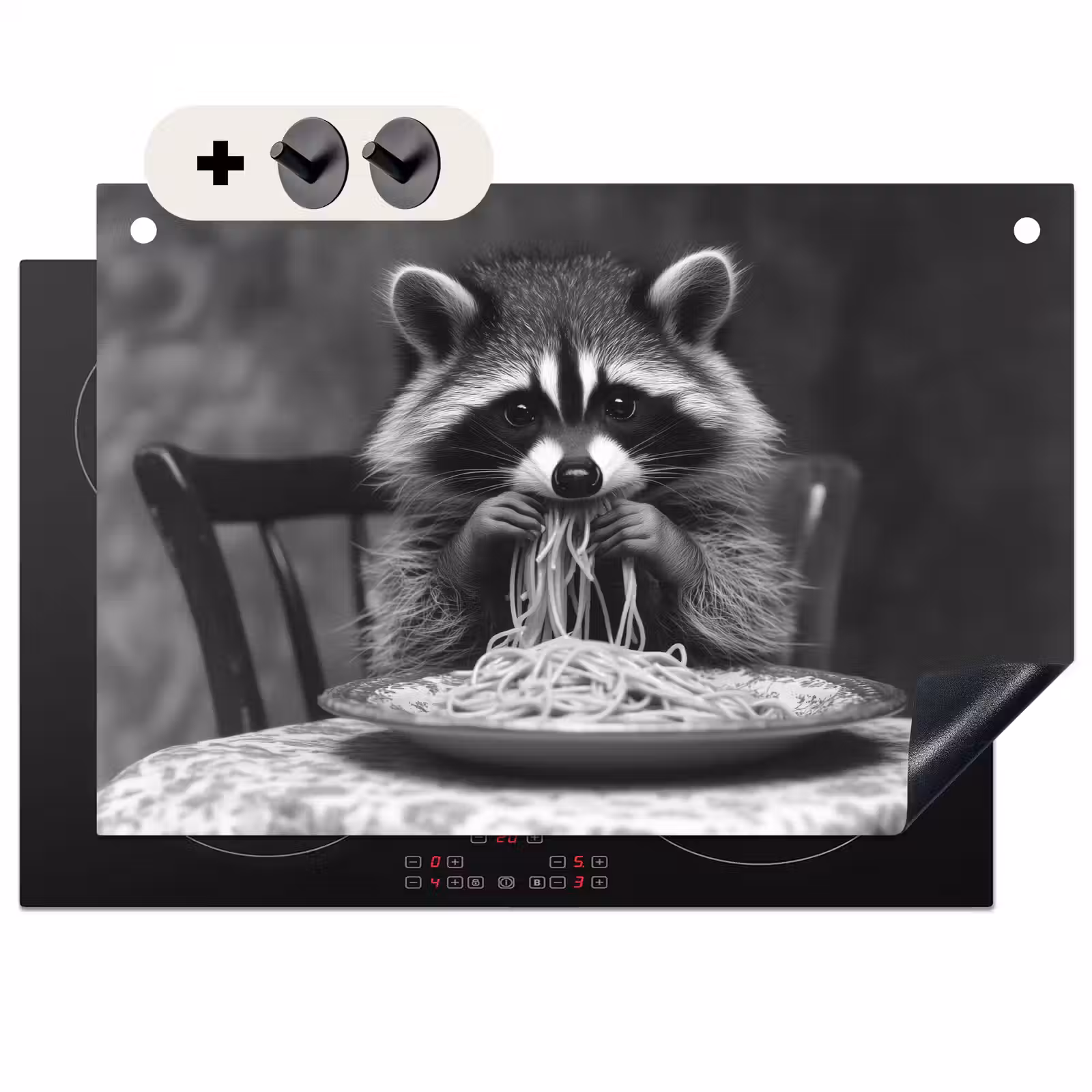 Induction Hob Cover & Splashback (2-in-1) - Raccoon - Cute - Pasta - Tablecloth - Black - White — 1