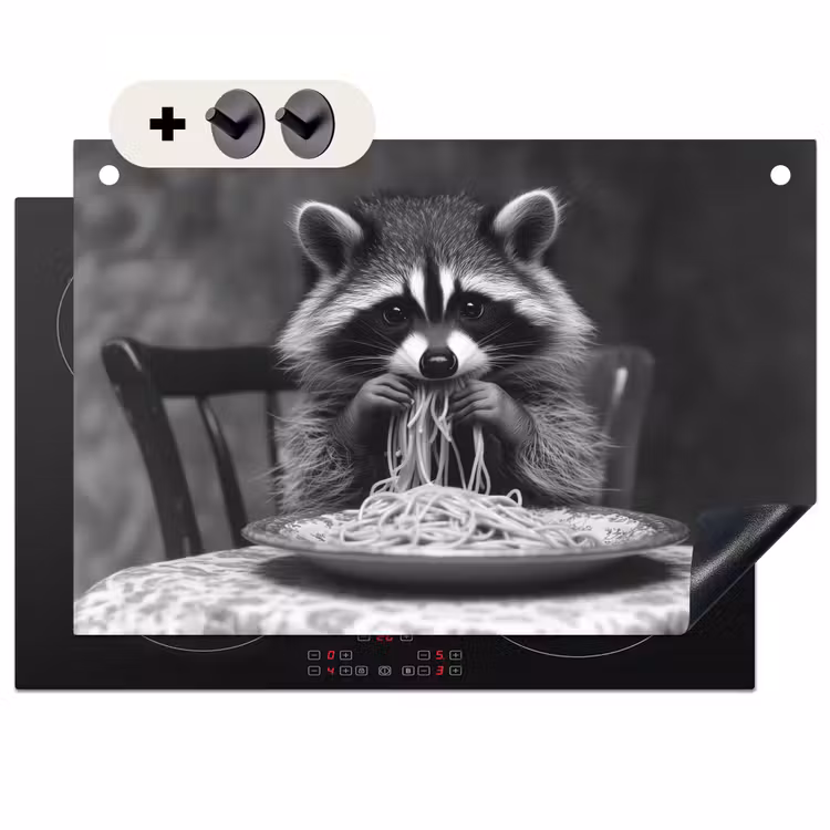 Induction Hob Cover & Splashback (2-in-1) - Raccoon - Cute - Pasta - Tablecloth - Black - White — 1