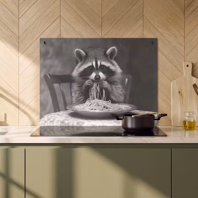 Induction Hob Cover & Splashback (2-in-1) - Raccoon - Cute - Pasta - Tablecloth - Black - White — 2
