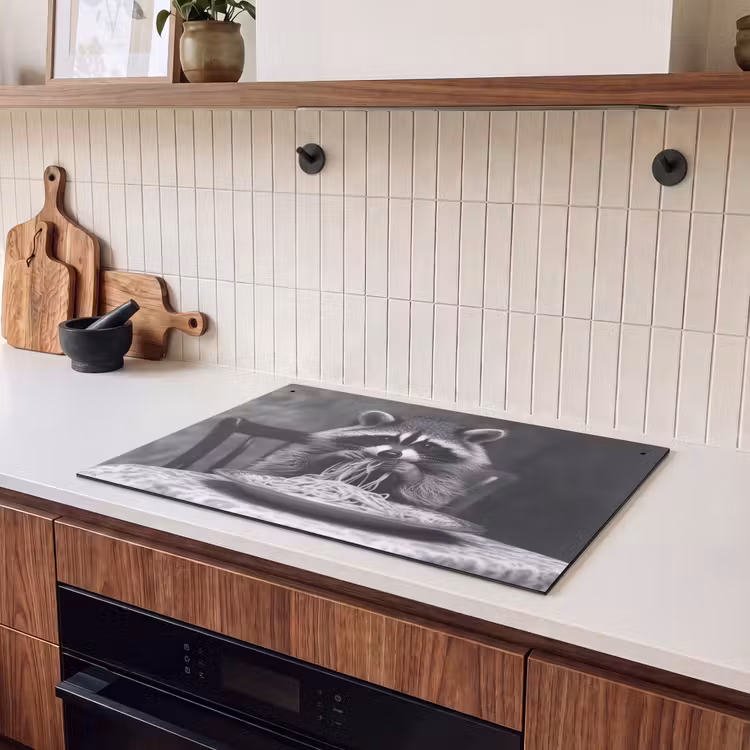 Induction Hob Cover & Splashback (2-in-1) - Raccoon - Cute - Pasta - Tablecloth - Black - White — 3