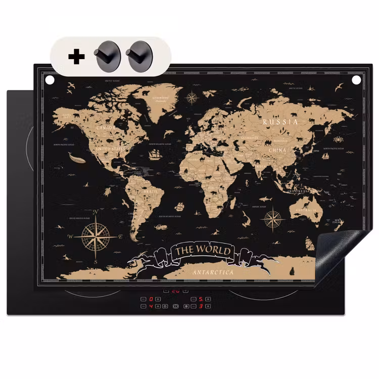 Induction Hob Cover & Splashback (2-in-1) - World map - Beige - Black — 1