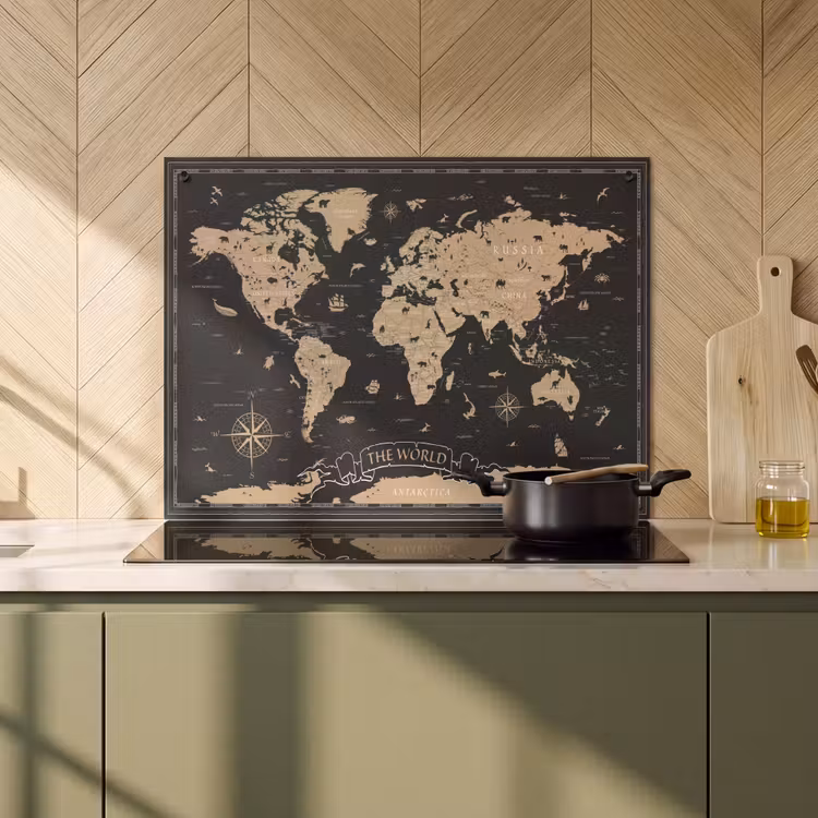 Induction Hob Cover & Splashback (2-in-1) - World map - Beige - Black — 2