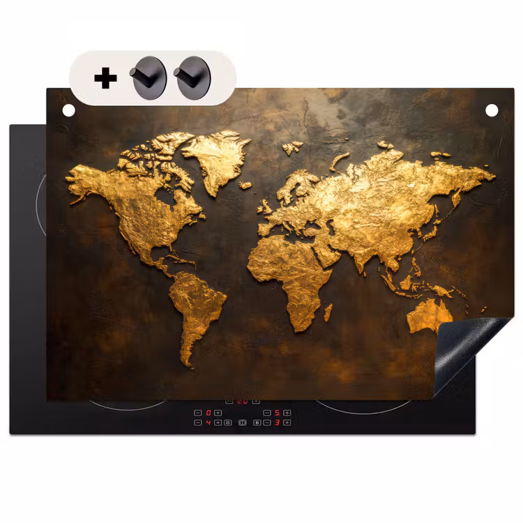 Induction Hob Cover & Splashback (2-in-1) - World map - Gold - Rust — 1