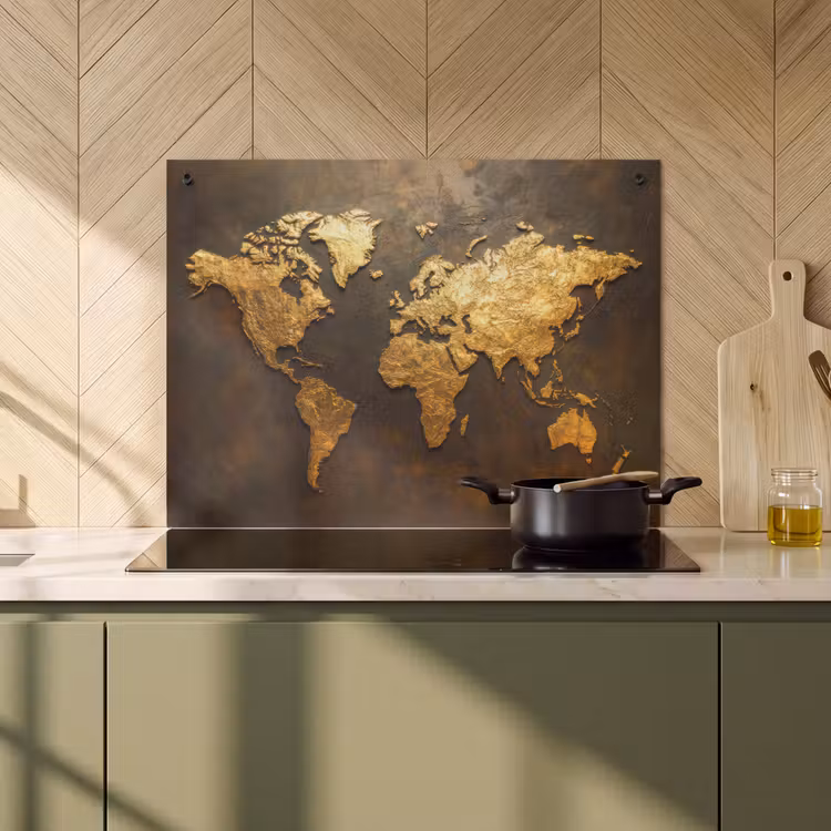 Induction Hob Cover & Splashback (2-in-1) - World map - Gold - Rust — 2