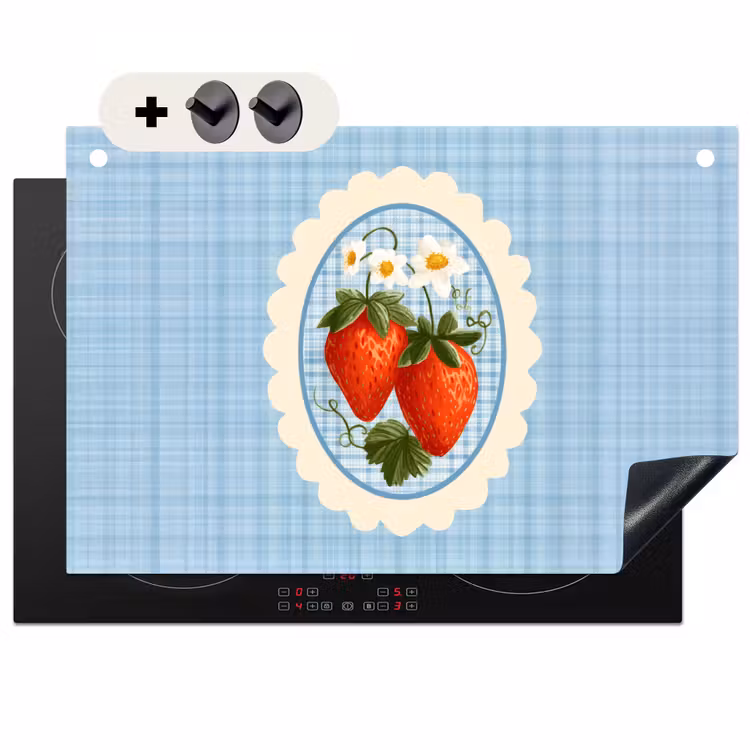 Induction Hob Cover & Splashback (2-in-1) - Strawberries - Frame - Red - Checkered — 1