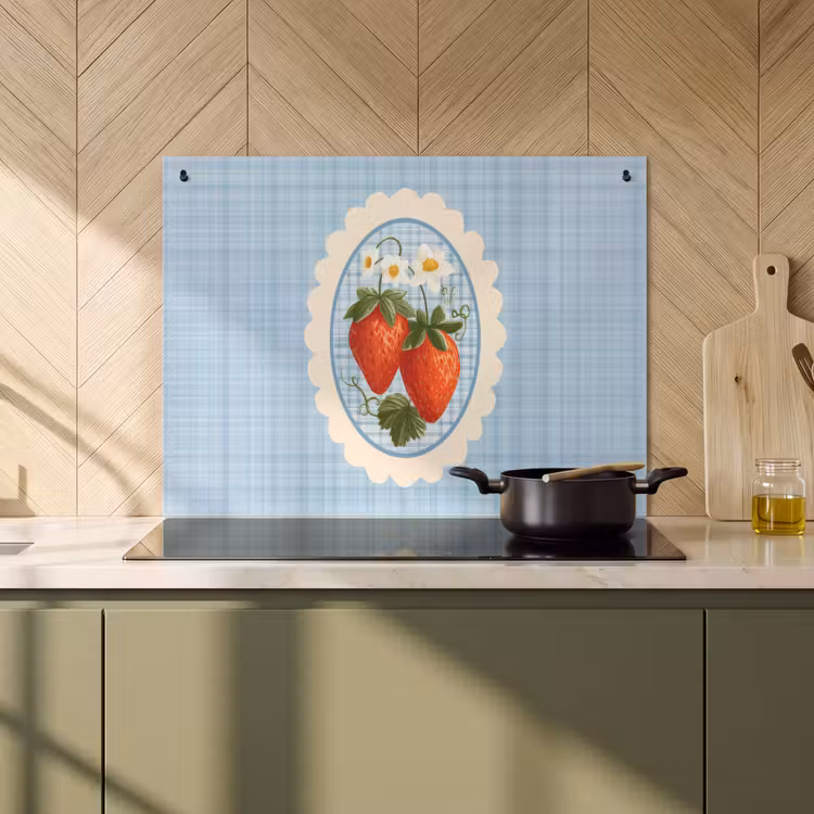 Induction Hob Cover & Splashback (2-in-1) - Strawberries - Frame - Red - Checkered — 2