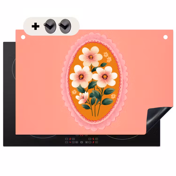 Induction Hob Cover & Splashback (2-in-1) - Illustration - Flowers - Border - Pink — 1