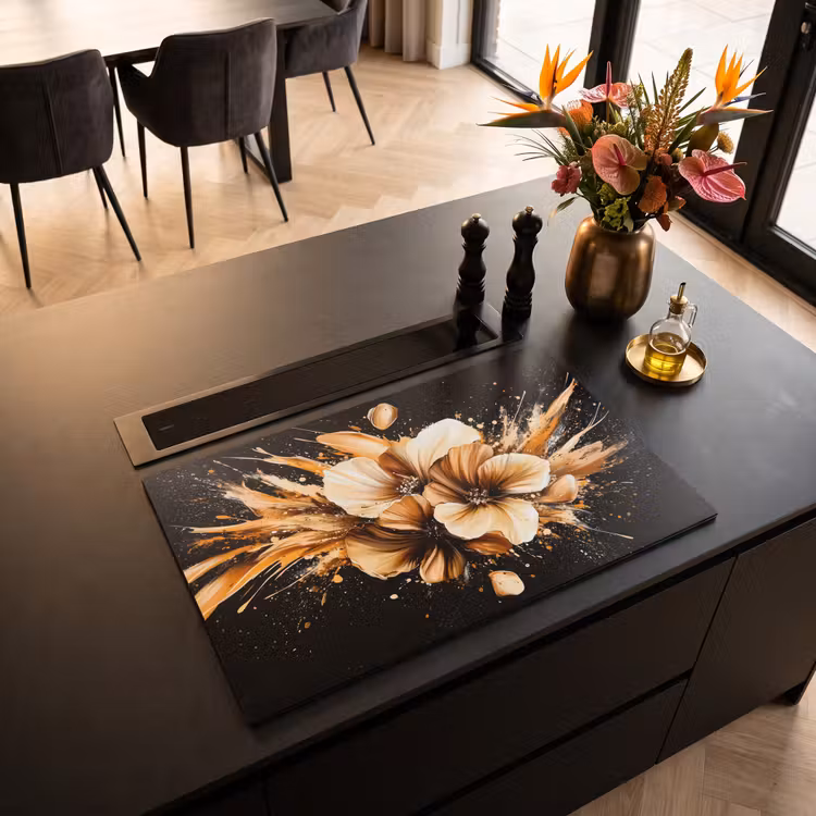Induction Hob Cover - Flowers - Gold - Graffiti - Black - Abstract — 2