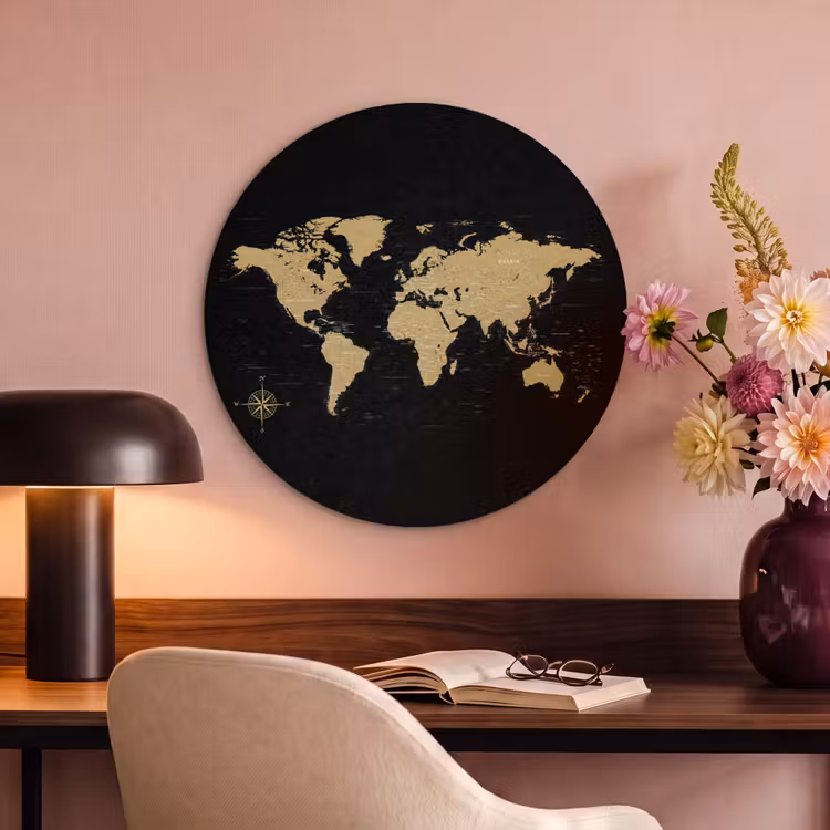 Acoustic painting round - World map - Beige - Black — 2
