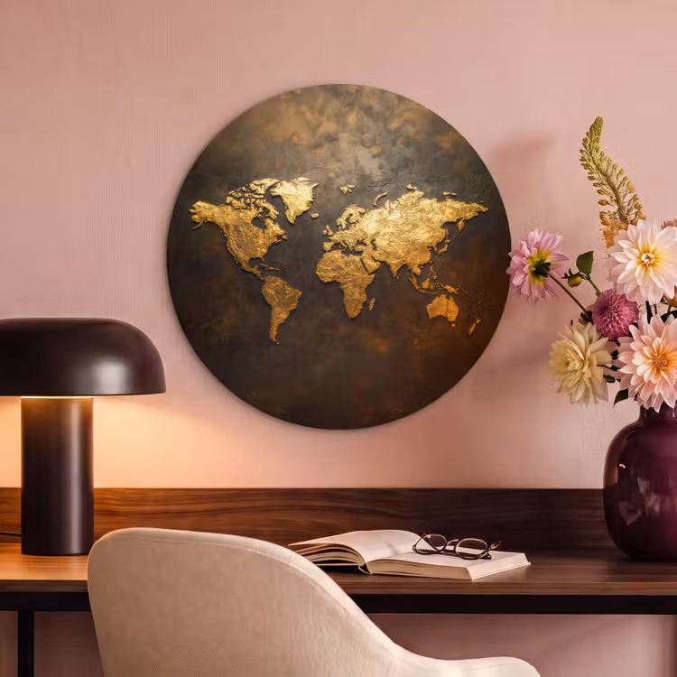 Acoustic painting round - World map - Gold - Rust — 2