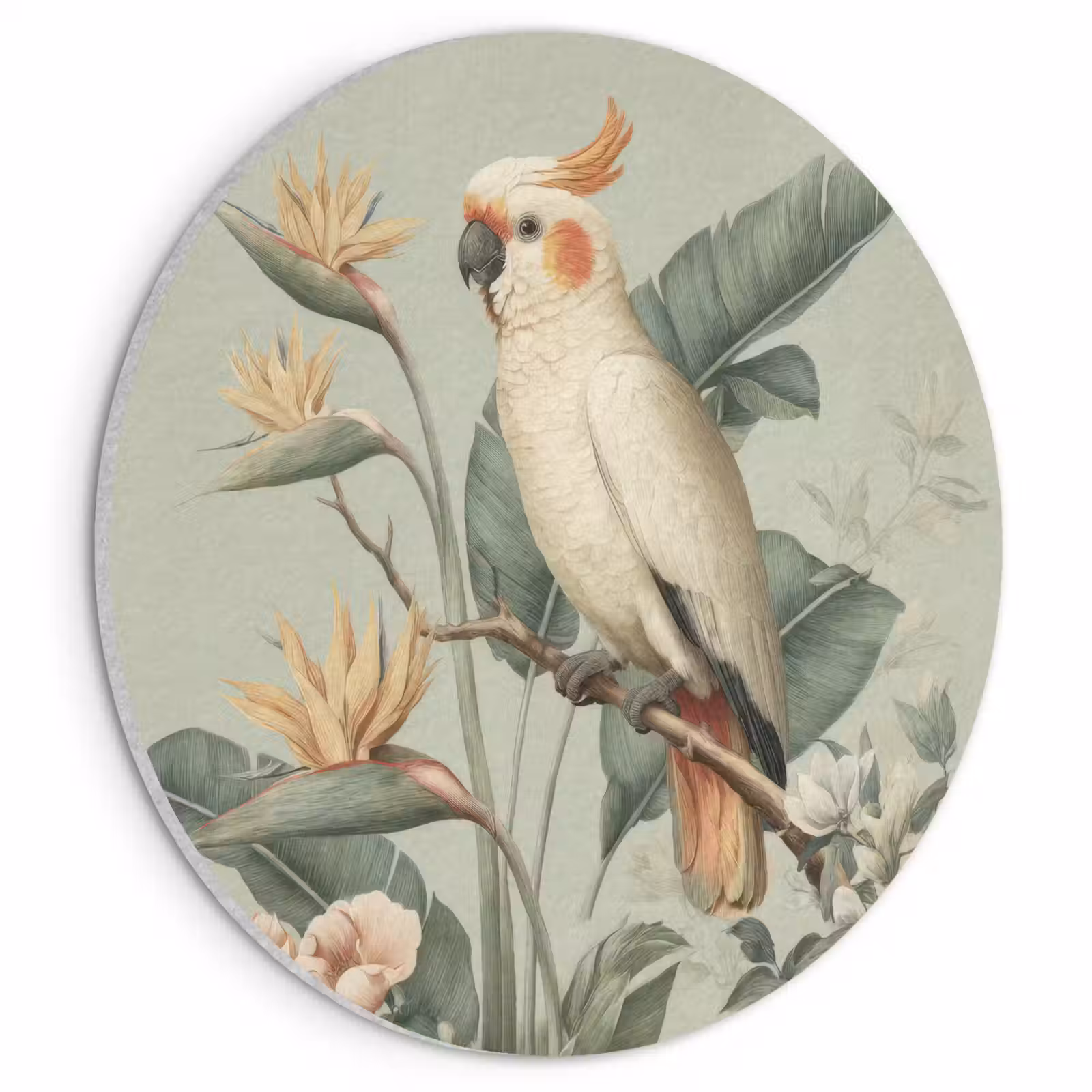 Acoustic painting round - Yellow crested cockatoo - bird of paradise flowers - Green — 1
