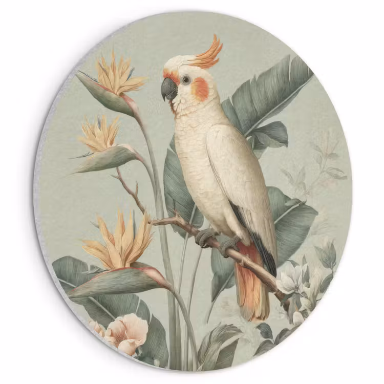 Acoustic painting round - Yellow crested cockatoo - bird of paradise flowers - Green — 1