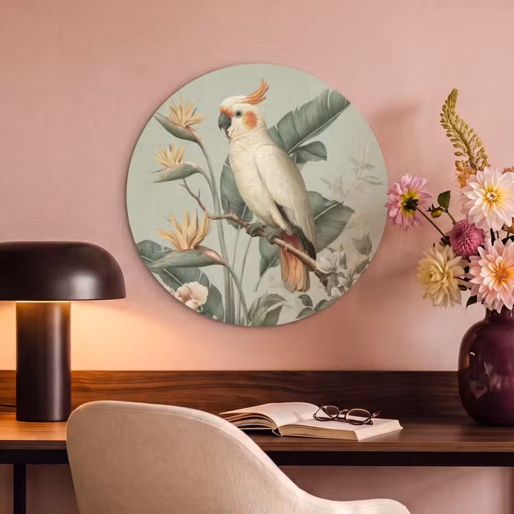 Acoustic painting round - Yellow crested cockatoo - bird of paradise flowers - Green — 2