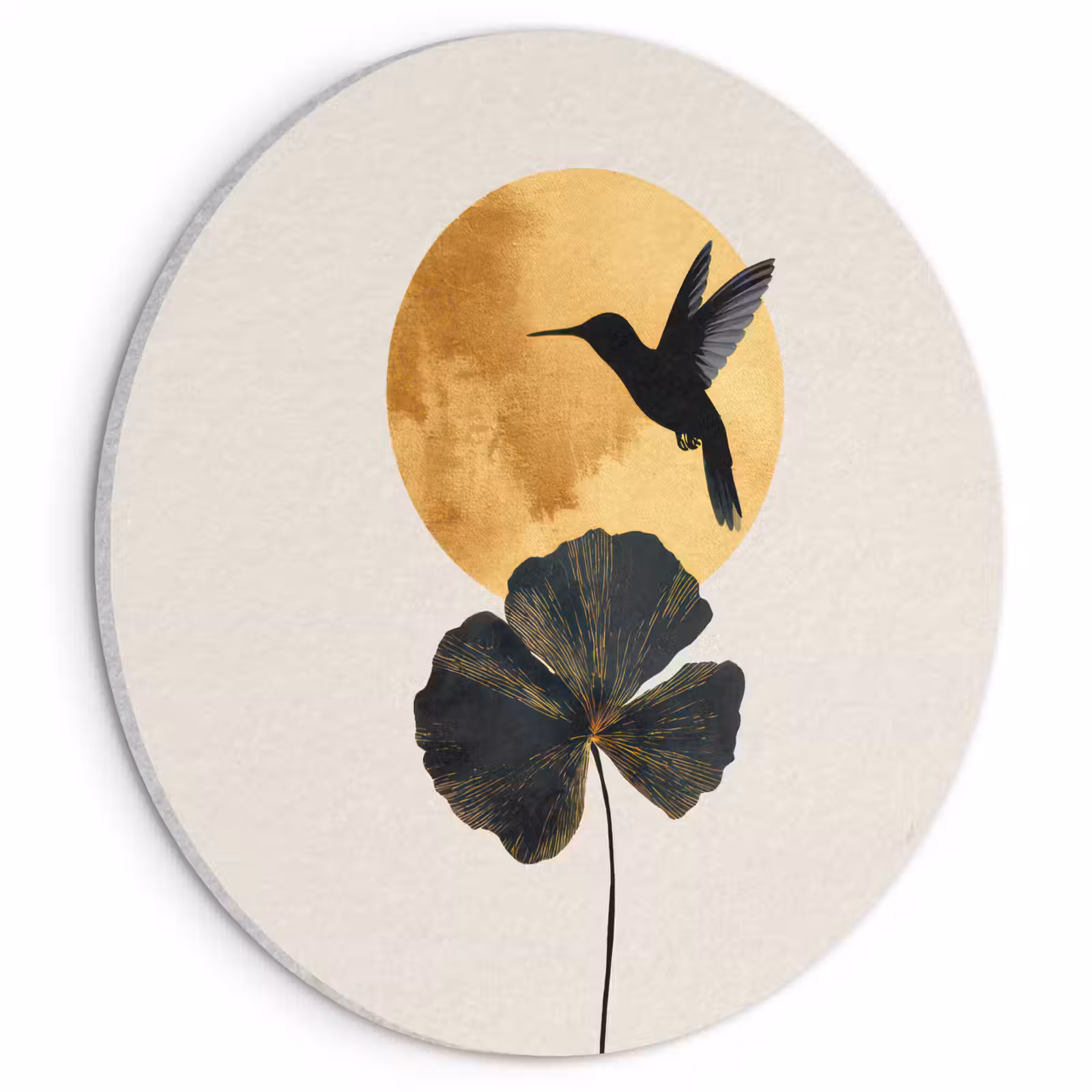 Acoustic painting round - Black hummingbird - Flower - Golden circle — 1