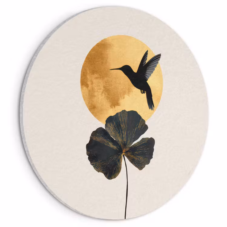 Acoustic painting round - Black hummingbird - Flower - Golden circle — 1