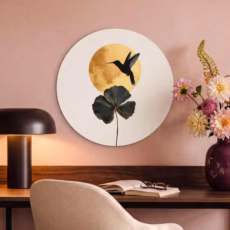 Acoustic painting round - Black hummingbird - Flower - Golden circle — 2