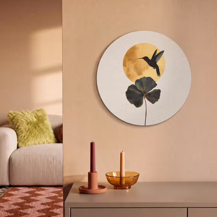 Acoustic painting round - Black hummingbird - Flower - Golden circle — 3