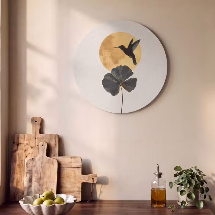 Acoustic painting round - Black hummingbird - Flower - Golden circle — 4