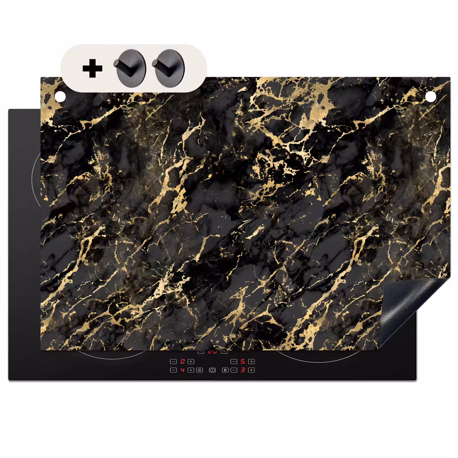Induction Hob Cover & Splashback (2-in-1) - Marble - Black - Gold Texture — 1