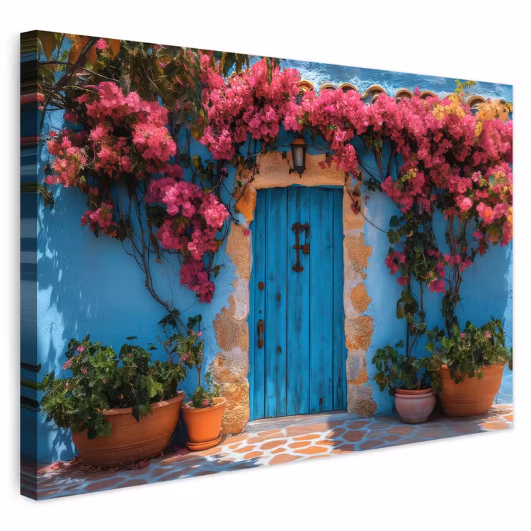 Outdoor Canvas Print - Door - Wood - Flowers - Blue — 1