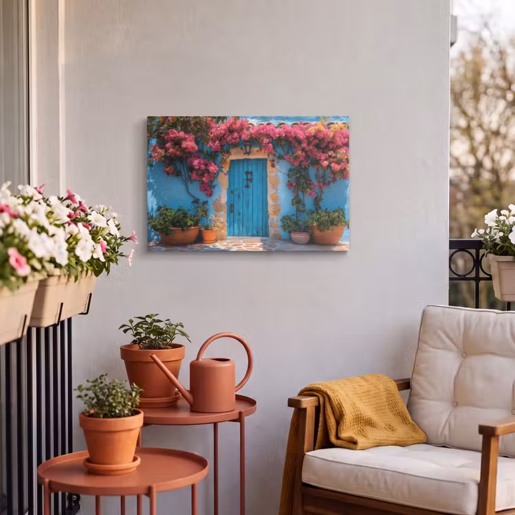 Outdoor Canvas Print - Door - Wood - Flowers - Blue — 3