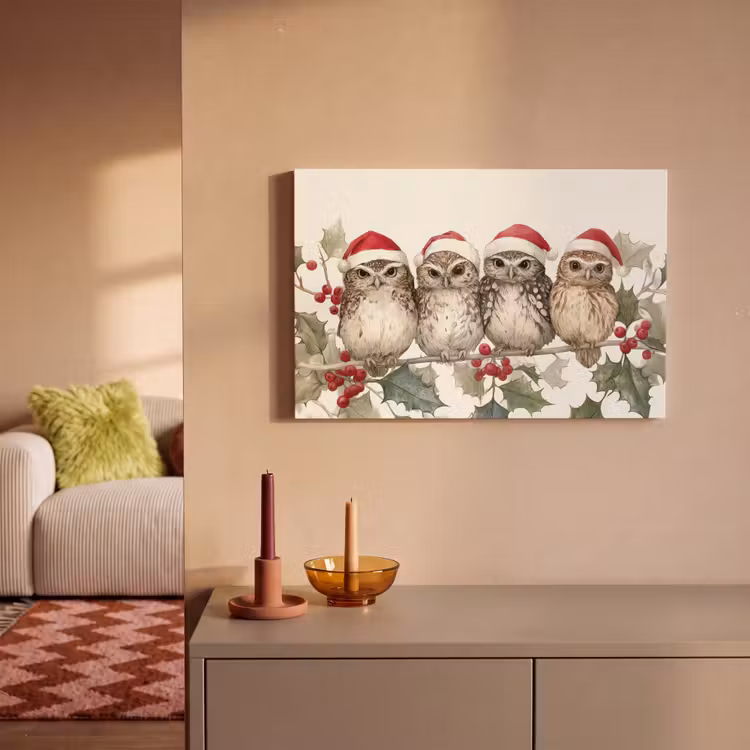 Canvas Print - Owls - Branch - Holly leaves - Santa hat — 1