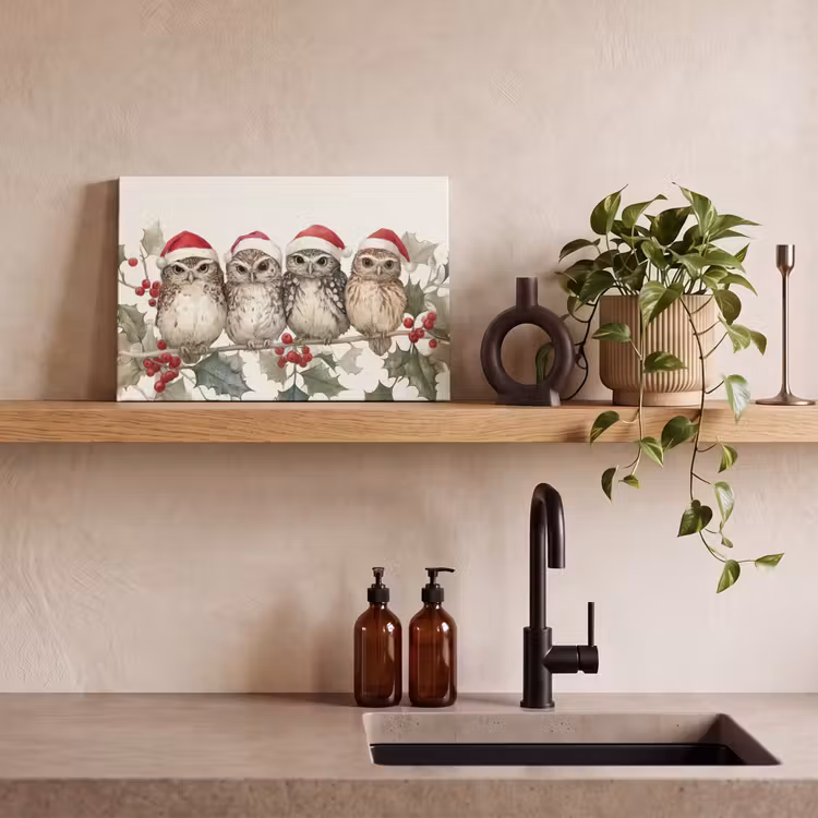 Canvas Print - Owls - Branch - Holly leaves - Santa hat — 2
