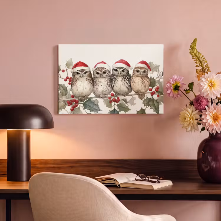Canvas Print - Owls - Branch - Holly leaves - Santa hat — 3