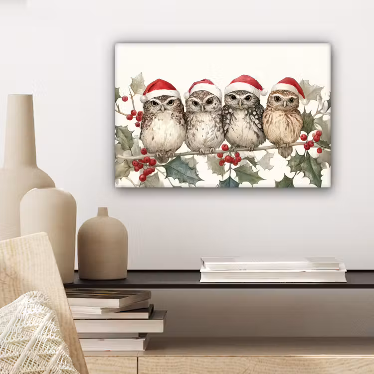 Canvas Print - Owls - Branch - Holly leaves - Santa hat — 4