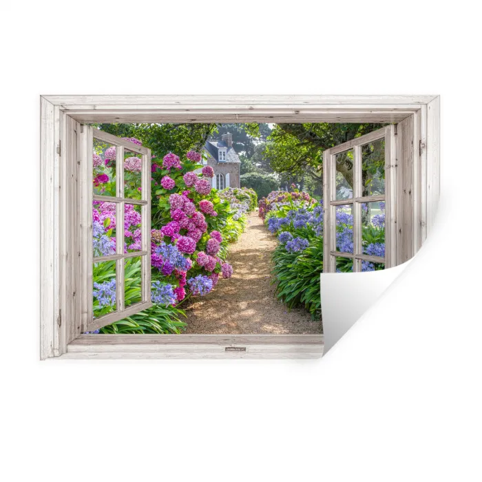 Hortensia - Doorkijk - Bloemen - Zomer - Paars - Pad Muursticker klein -3d