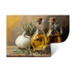 Stilleven - Olijfolie - Knoflook - Kruiden Muursticker klein -3d